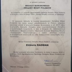 Honorowy Medal Związku Miast Polskich dla Burmistrz Wołomina
