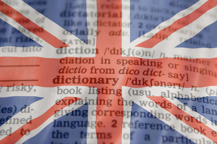 grafika z flagą brytyjską a w tle wyrazy angielskie