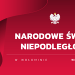 Czerwona infografika z biało-czerwoną flagą RP zapraszająca na Narodowe Święto Niepodległości