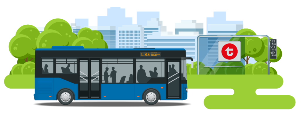 Infografika Autobus L35 na tle drzew i miasta