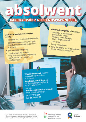 Plakat z osobą pracującą przy komputerze - akcja o pomocy absolwentom