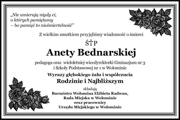 kondolencje z powodu śmierci Anety Bednarskiej