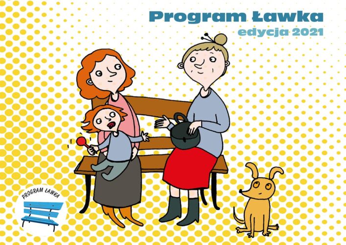 rysunek przedstawiający mamę z dzieckiem na kolanach i starszą panią siedzące na ławeczce i psa