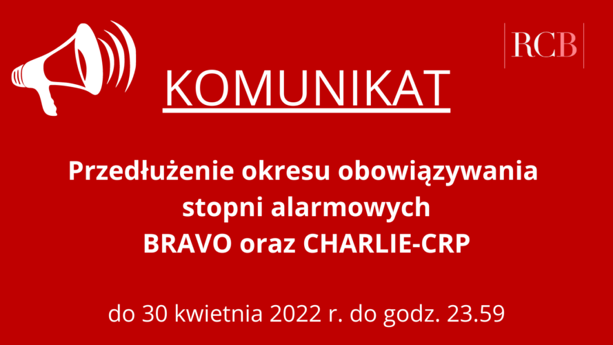Przedłużenie okresu obowiązywania stopnia alarmowego BRAVO i CHARLIE-CRP do 30.04.22
