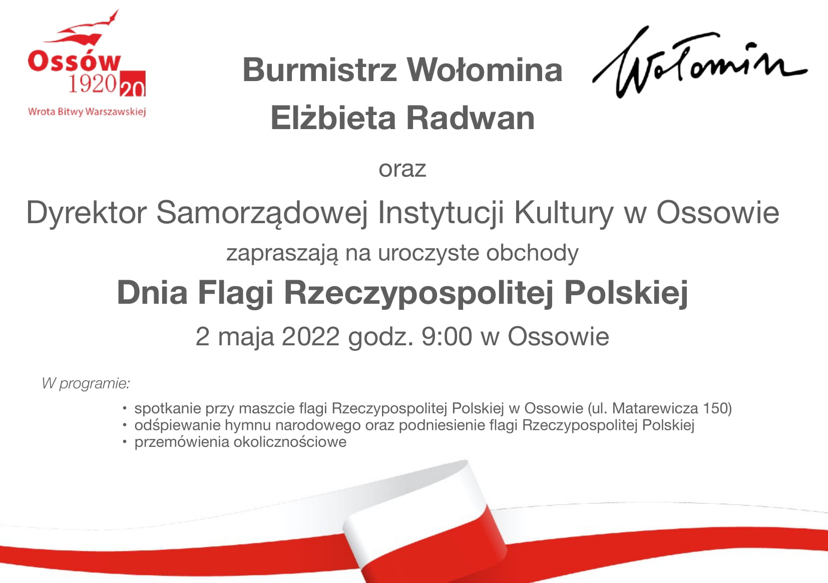 Zaproszenie na obchody Dnia Flagi RP w Ossowie