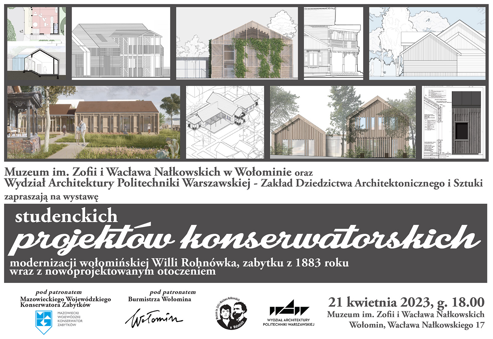 Grafika informująca o prezentacji studenckich projektów konserwatorskich modernizacji wołomińskiej Willi Rohnówki