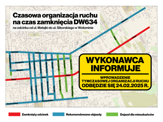 Od 24 lutego 2025 roku zmiany w organizacji ruchu na DW634 na odcinku od ul. Matejki do ul. Sikorskiego