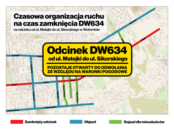 Aktualizacja dotycząca zamknięcia odcinka DW634 od ul. Matejki do ul. Sikorskiego