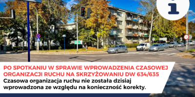 Czasowa organizacja ruchu w związku z rozbudową skrzyżowania dróg wojewódzkich 634 i 635 nie została wprowadzona