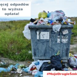 Grafika z kontenerem wypełnionym odpadami i napisem: więcej odpadów to wyższa opłata oraz Moje Drogie Śmieci