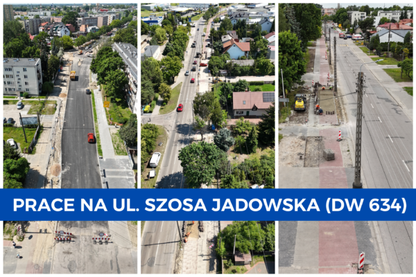Zdjęcia ukazujące prace remontowej na drodze wojewódzkiej (ul. Szosa Jadowska).