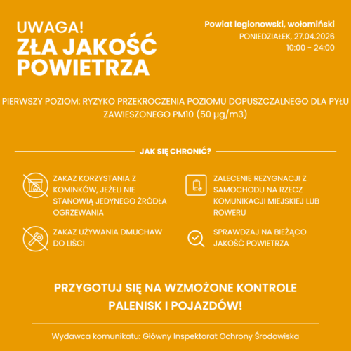Powiadomienie o ryzyku wystąpienia przekroczenia średniodobowego poziomu dopuszczalnego dla poziomu pyłu zawieszonego PM10 w powietrzu