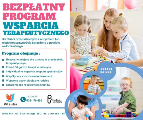Nabór do bezpłatnego programu wsparcia terapeutycznego dla dzieci przedszkolnych z autyzmem i niepełnosprawnością sprzężoną.